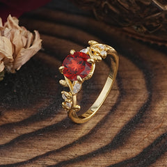 Romantic Round Cut Nature-Inspired Leaf Garnet Engagement Ring for Women