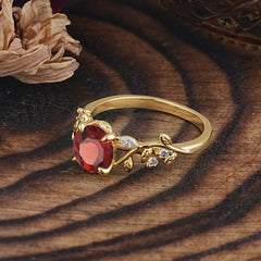 Romantic Round Cut Nature-Inspired Leaf Garnet Engagement Ring for Women