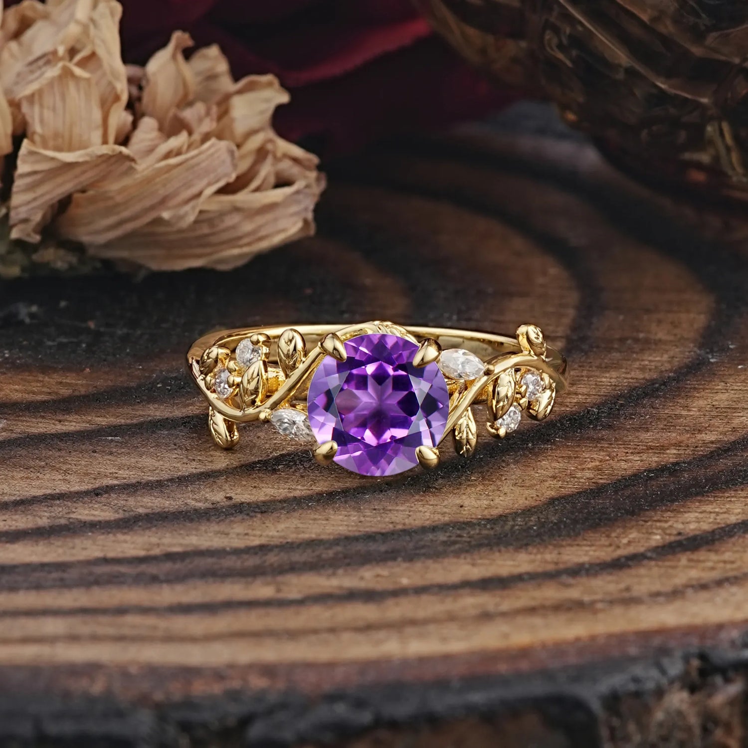 Romantic Round Cut Nature-Inspired Leaf Amethyst Engagement Ring for Women