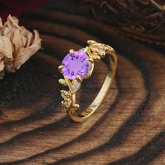 Romantic Round Cut Nature-Inspired Leaf Amethyst Engagement Ring for Women