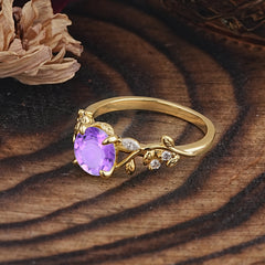 Romantic Round Cut Nature-Inspired Leaf Amethyst Engagement Ring for Women