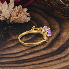 Romantic Round Cut Nature-Inspired Leaf Amethyst Engagement Ring for Women