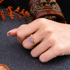 Romantic Round Cut Nature-Inspired Leaf Amethyst Engagement Ring for Women