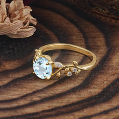 Romantic Round Cut Nature-Inspired Leaf Aquamarine Engagement Ring for Women
