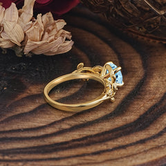 Romantic Round Cut Nature-Inspired Leaf Aquamarine Engagement Ring for Women