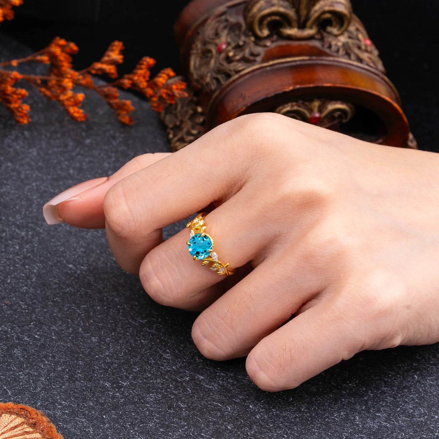 Romantic Round Cut Nature-Inspired Leaf Aquamarine Engagement Ring for Women