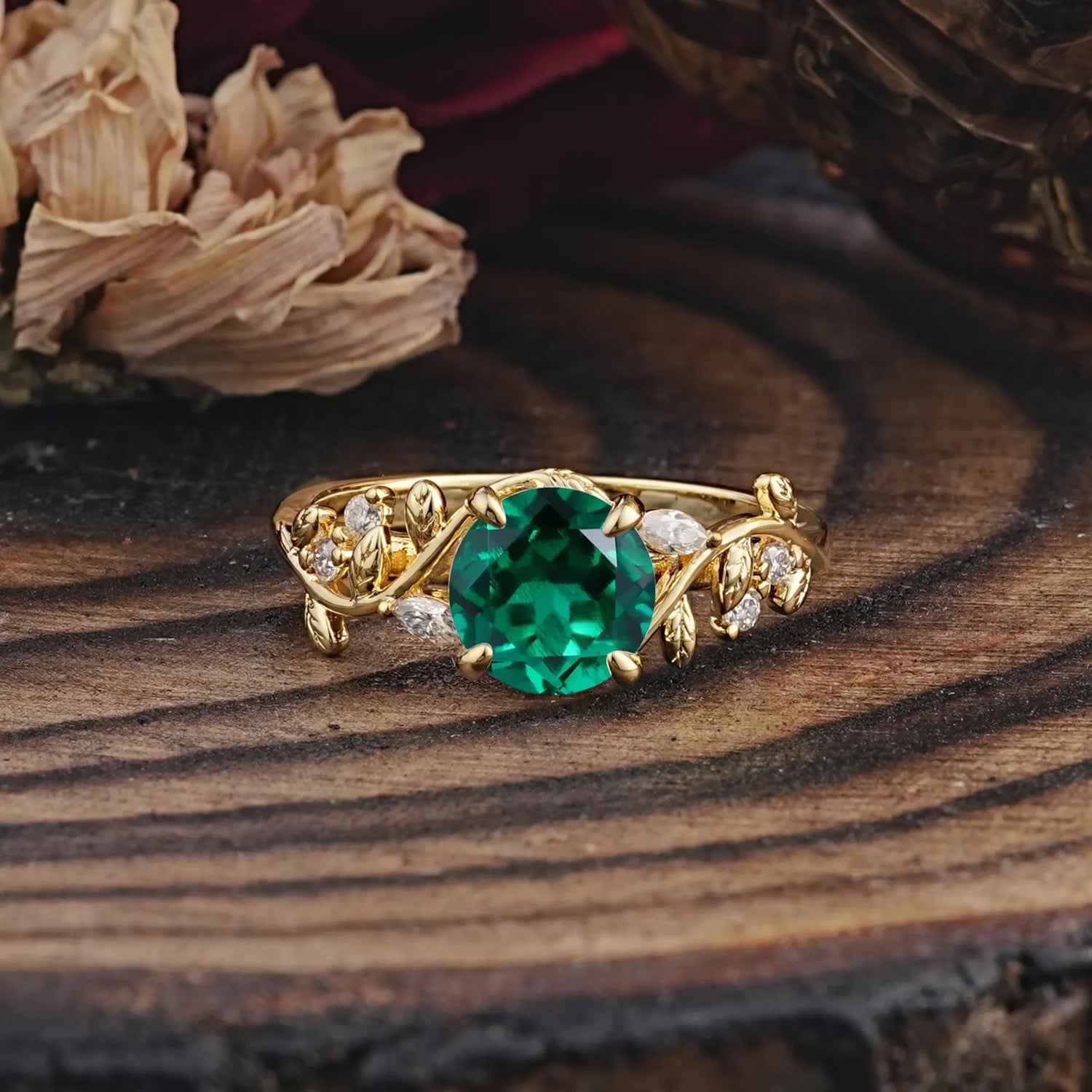 Romantic Round Cut Nature-Inspired Leaf Emerald Engagement Ring for Women - Romalar Jewelry