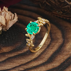Romantic Round Cut Nature-Inspired Leaf Emerald Engagement Ring for Women