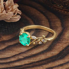 Romantic Round Cut Nature-Inspired Leaf Emerald Engagement Ring for Women