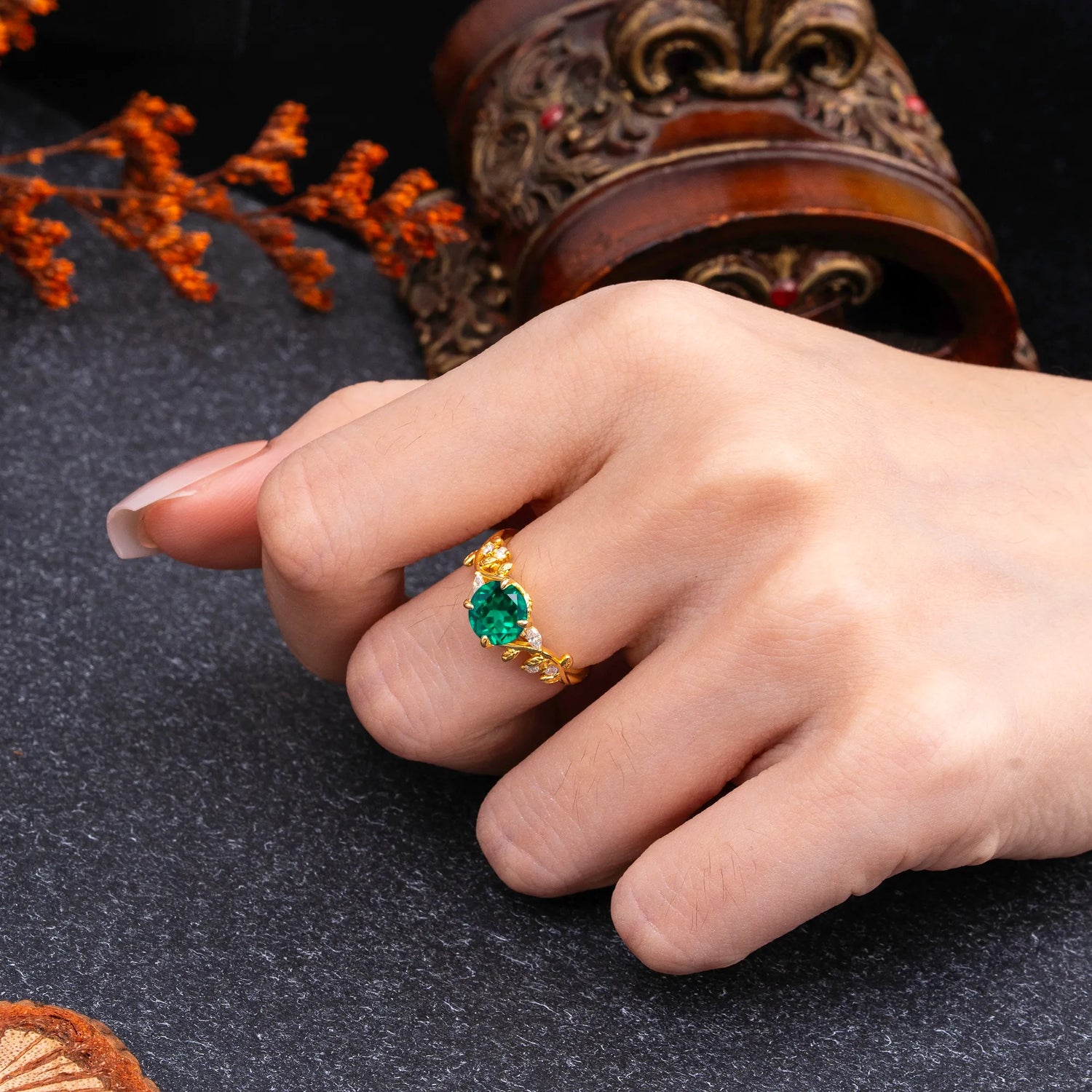 Romantic Round Cut Nature-Inspired Leaf Emerald Engagement Ring for Women - Romalar Jewelry