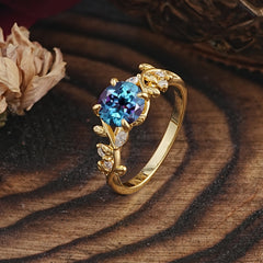 Romantic Round Cut Nature-Inspired Leaf Alexandrite Engagement Ring for Women