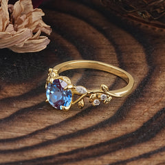 Romantic Round Cut Nature-Inspired Leaf Alexandrite Engagement Ring for Women