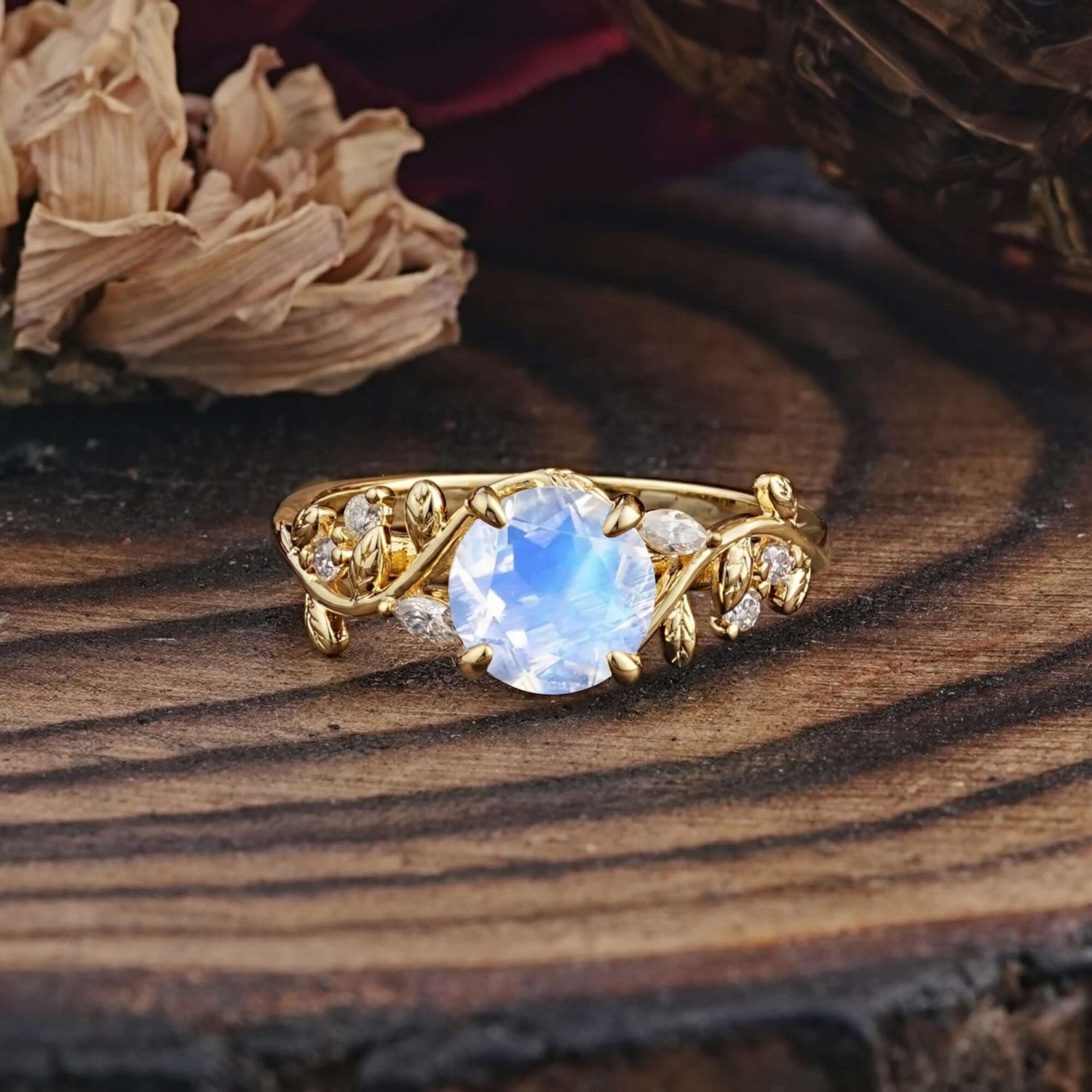 Romantic Round Cut Nature-Inspired Leaf Moonstone Engagement Ring for Women - Romalar Jewelry