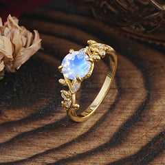 Romantic Round Cut Nature-Inspired Leaf Moonstone Engagement Ring for Women