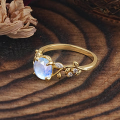 Romantic Round Cut Nature-Inspired Leaf Moonstone Engagement Ring for Women