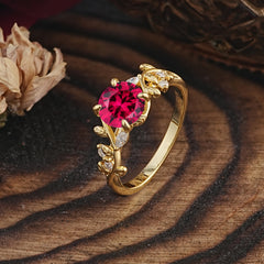 Romantic Round Cut Nature-Inspired Leaf Ruby Engagement Ring for Women