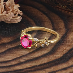 Romantic Round Cut Nature-Inspired Leaf Ruby Engagement Ring for Women