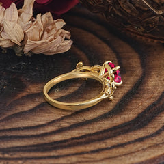 Romantic Round Cut Nature-Inspired Leaf Ruby Engagement Ring for Women