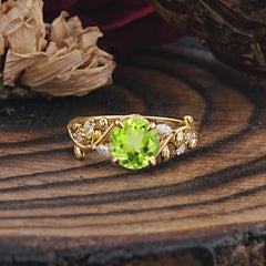 Romantic Round Cut Nature-Inspired Leaf Peridot Engagement Ring for Women