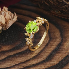 Romantic Round Cut Nature-Inspired Leaf Peridot Engagement Ring for Women