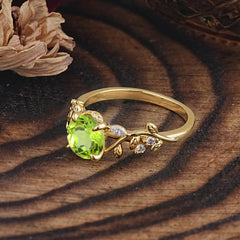 Romantic Round Cut Nature-Inspired Leaf Peridot Engagement Ring for Women