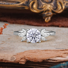 Elegant 6 Prong Round Cut Cluster Lab Diamond Engagement Ring