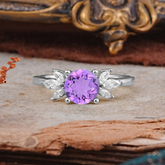 Elegant 6 Prong Round Cut Cluster Amethyst Engagement Ring