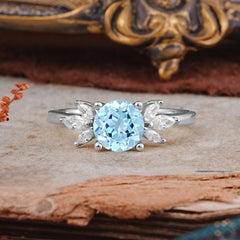 Elegant 6 Prong Round Cut Cluster Aquamarine Engagement Ring