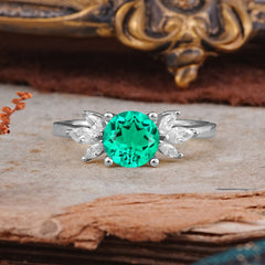 Elegant 6 Prong Round Cut Cluster Emerald Engagement Ring