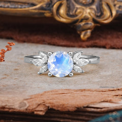 Elegant 6 Prong Round Cut Cluster Moonstone Engagement Ring