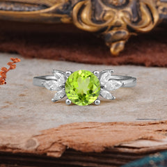 Elegant 6 Prong Round Cut Cluster Peridot Engagement Ring