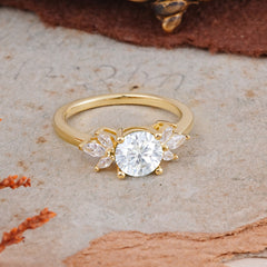 Elegant 6 Prong Round Cut Cluster Moissanite Engagement Ring