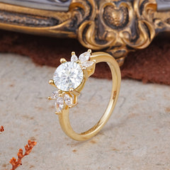 Elegant 6 Prong Round Cut Cluster Moissanite Engagement Ring