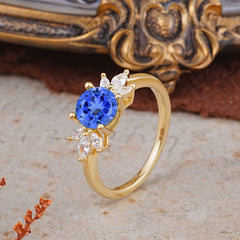 Elegant 6 Prong Round Cut Cluster Sapphire Engagement Ring