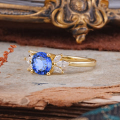 Elegant 6 Prong Round Cut Cluster Sapphire Engagement Ring