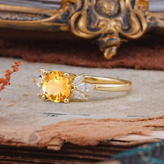 Elegant 6 Prong Round Cut Cluster Citrine Engagement Ring