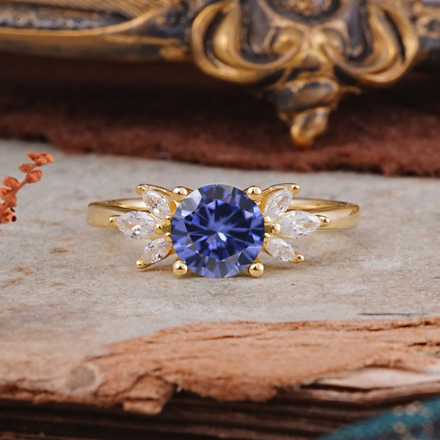 Elegant 6 Prong Round Cut Cluster Tanzanite Engagement Ring