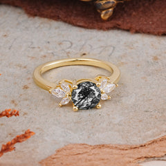 Elegant 6 Prong Round Cut Cluster Black Rutilated Quartz Engagement Ring