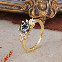 Elegant 6 Prong Round Cut Cluster Black Rutilated Quartz Engagement Ring