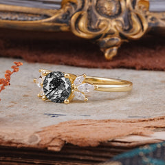 Elegant 6 Prong Round Cut Cluster Black Rutilated Quartz Engagement Ring