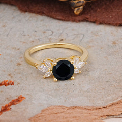 Elegant 6 Prong Round Cut Cluster Black Onyx Engagement Ring