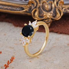 Elegant 6 Prong Round Cut Cluster Black Onyx Engagement Ring