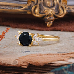 Elegant 6 Prong Round Cut Cluster Black Onyx Engagement Ring