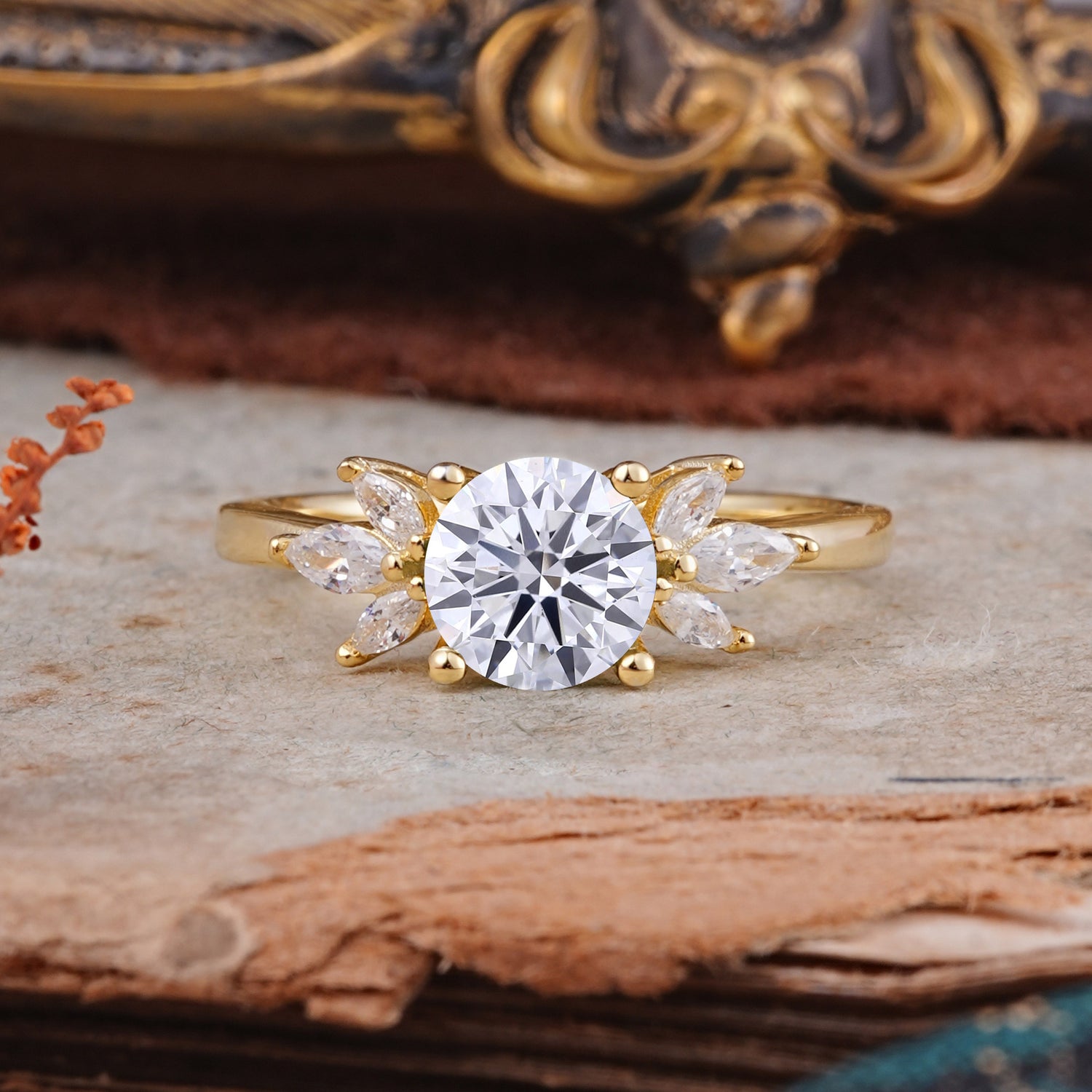 Elegant 6 Prong Round Cut Cluster Lab Diamond Engagement Ring