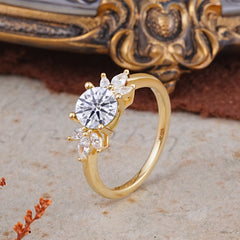 Elegant 6 Prong Round Cut Cluster Lab Diamond Engagement Ring