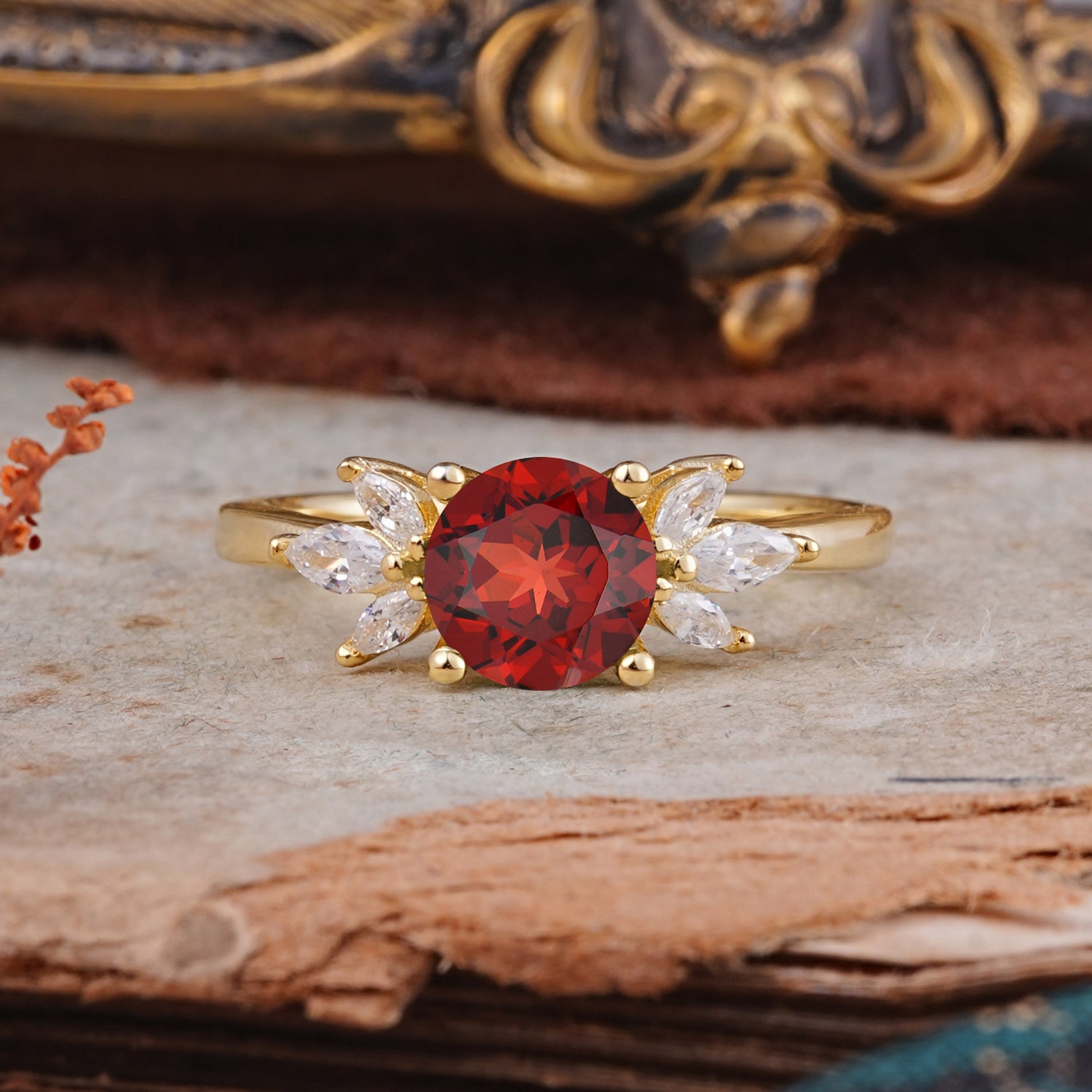 Elegant 6 Prong Round Cut Cluster Garnet Engagement Ring
