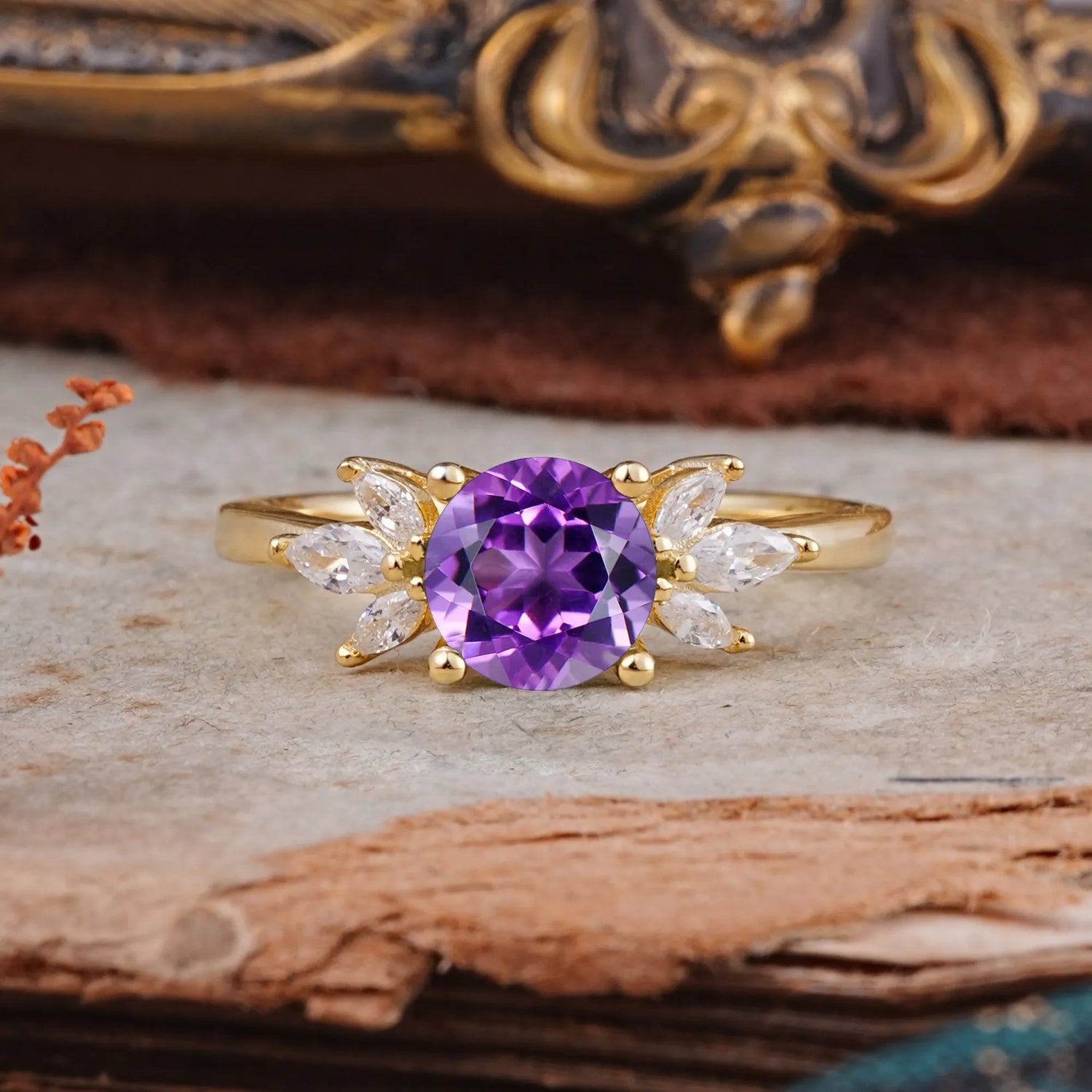 Elegant 6 Prong Round Cut Cluster Amethyst Engagement Ring