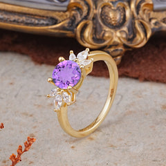 Elegant 6 Prong Round Cut Cluster Amethyst Engagement Ring