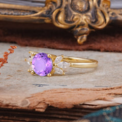 Elegant 6 Prong Round Cut Cluster Amethyst Engagement Ring