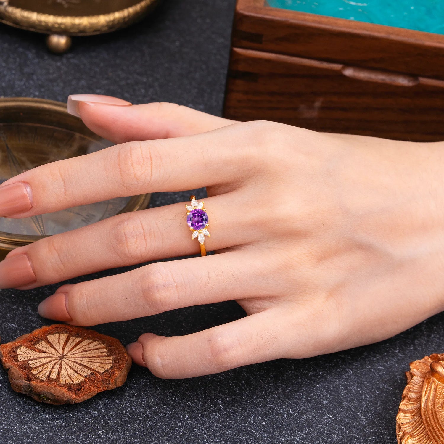 Elegant 6 Prong Round Cut Cluster Amethyst Engagement Ring